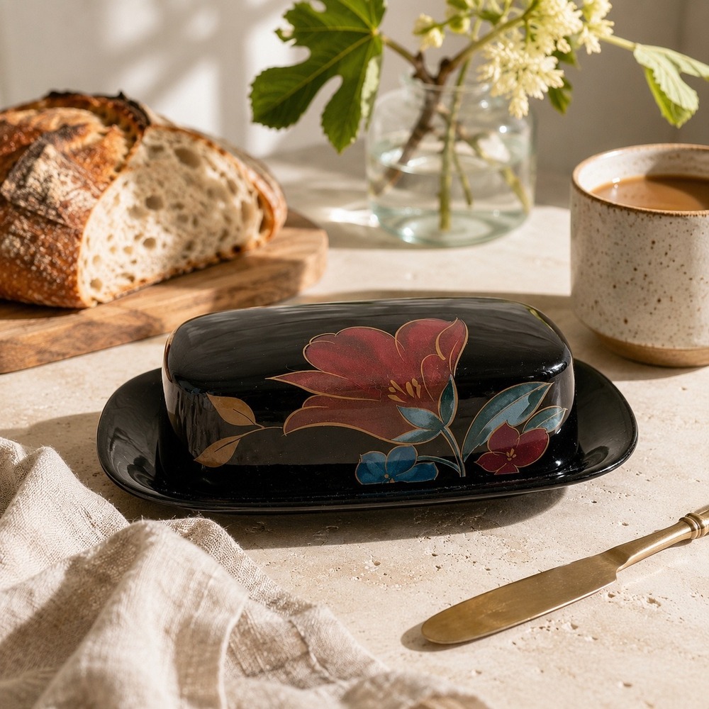 Vintage Black Floral Butter Dish Covered Ceramic Serving Botanical Kitchen Decor